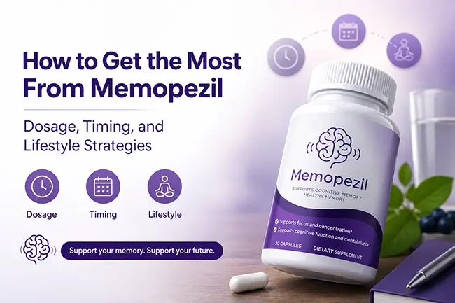 Memopezil bottle with dosage and lifestyle tips for memory support.